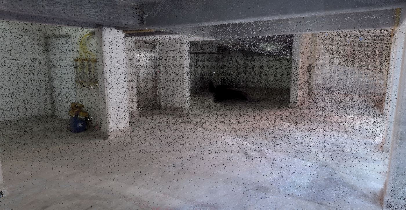 Nuvem de pontos colorida do subsolo de uma edificação, mostrando pilares, laje e instalações aparentes